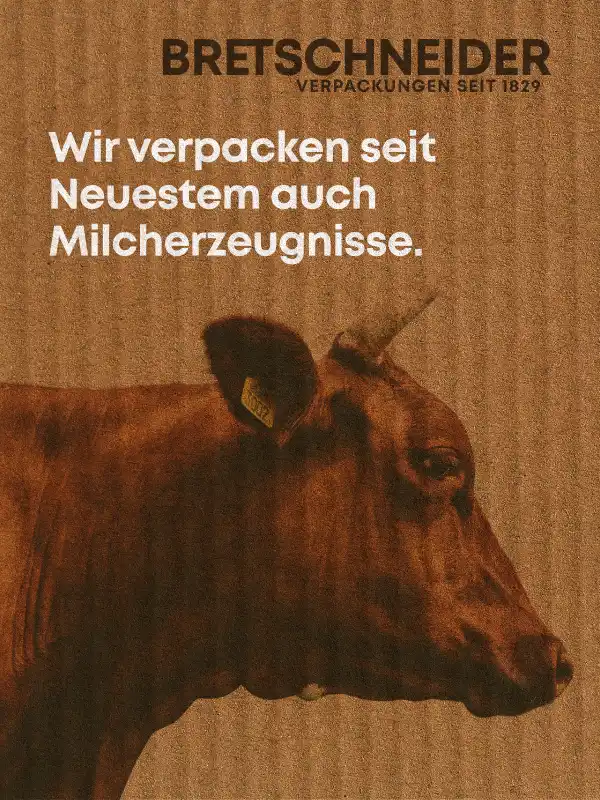 bretschneider-verpackungen-milcherzeugnisse-banner-design.jpg B2B-Online-Werbebanner für Bretschneider Verpackungen mit dem Slogan „Wir verpacken seit Neuestem auch Milcherzeugnisse“ und dem Porträt einer braunen Kuh vor Kartonhintergrund.