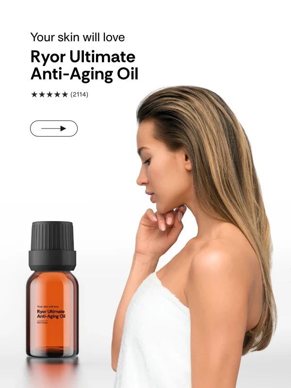 ryor ultimate digital ads landing page Produkt-Mockup und Verpackungsdesign für RYOR Natural Cosmetics „Ultimate. Anti-Aging Bio Oil“, konzipiert und gestaltet von Jiri Zrubecky. Braune Glasflasche mit Pipettenverschluss vor hellem Hintergrund.